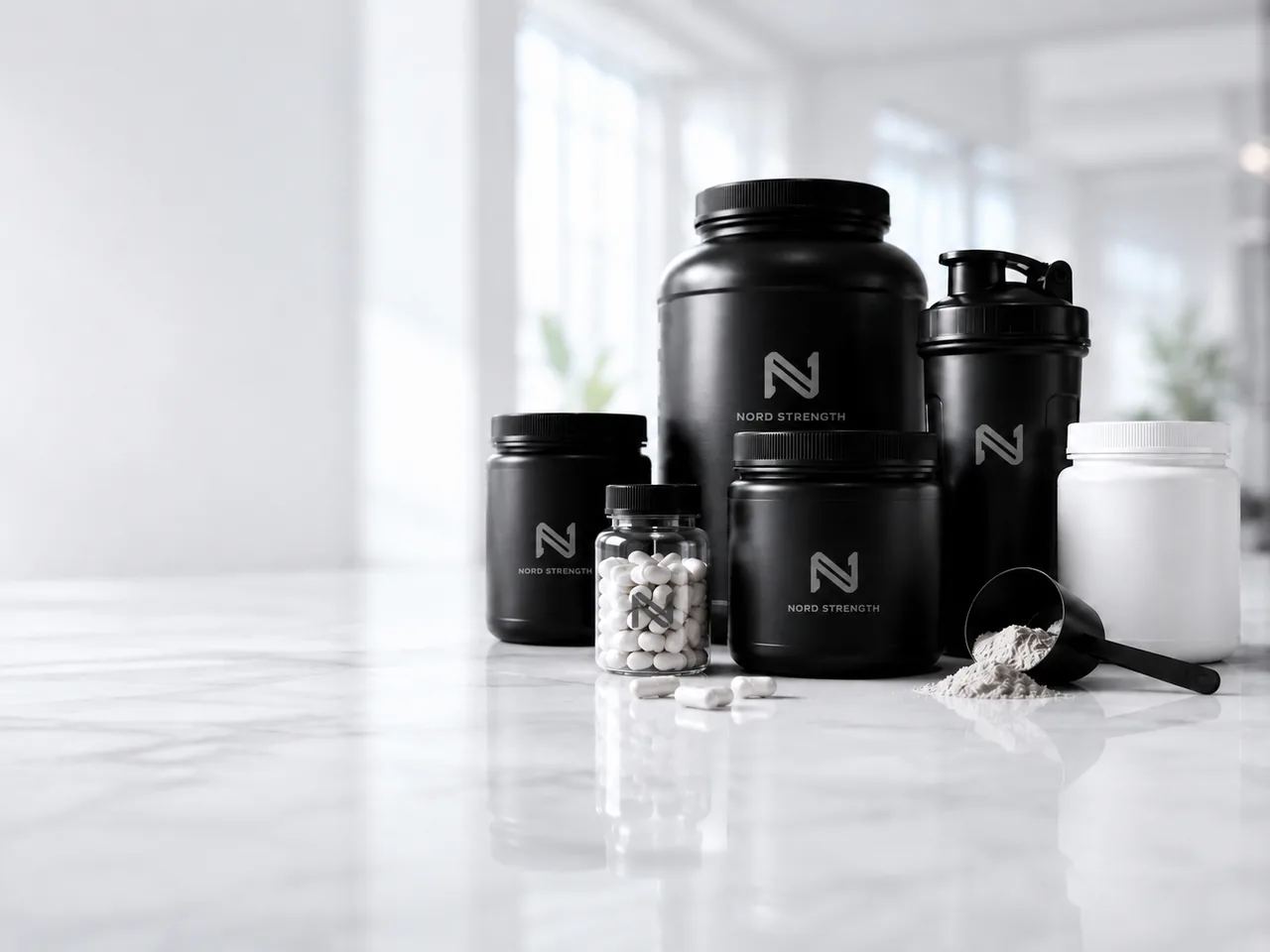 Kosttillskott med proteinpulver, kreatin, shaker och kapslar i en ren premium miljö.
