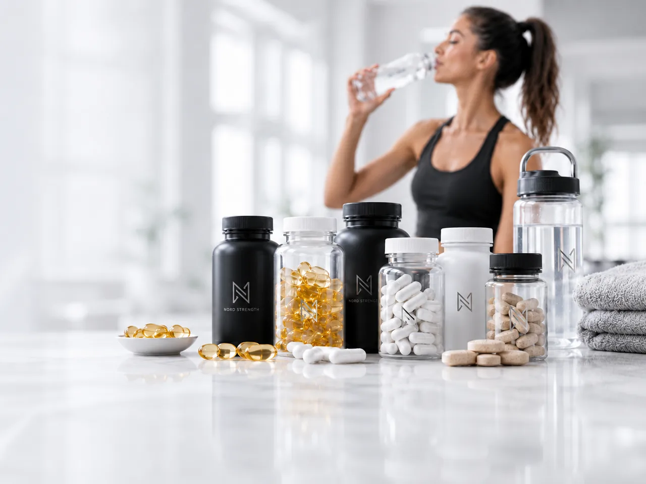 Vitaminer, mineraler och omega 3 i en ljus premium miljö för daglig hälsa.